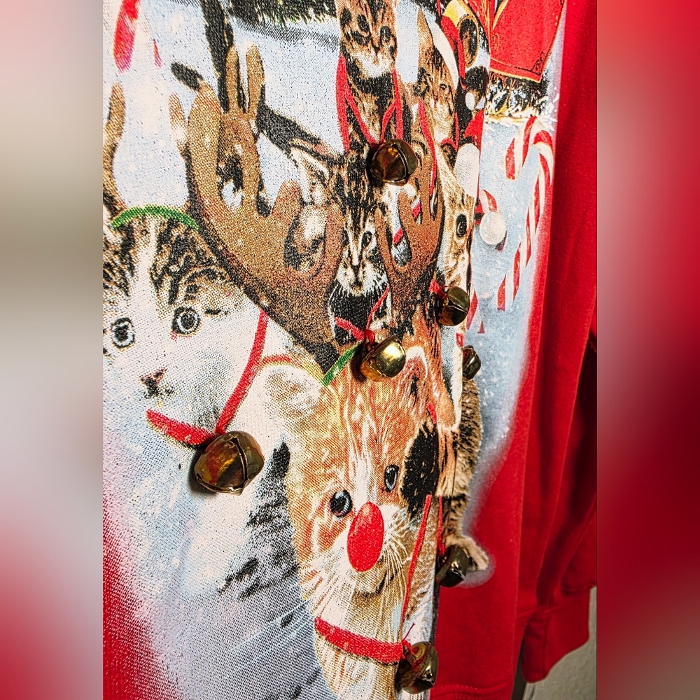 MAD Engine Festive Holiday  Jingle Bell Cat Red Christmas Sweater – Size S (NWT) - Picture 10 of 14